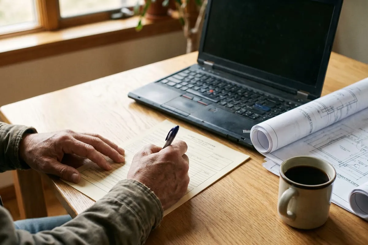Hände füllen am Schreibtisch ein Formular aus, daneben technische Zeichnungen einer Regenwasser-Zisternenanlage und ein Laptop.