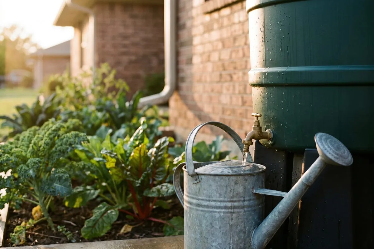 Gießkanne wird an einer grünen Regentonne im Garten mit Regenwasser befüllt.