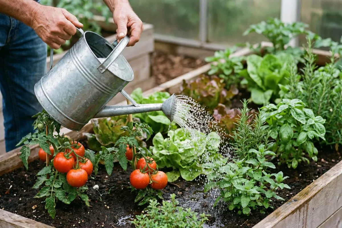 Hände gießen ein Hochbeet mit Tomaten, Salat und Kräutern mit Regenwasser aus einer Metall-Gießkanne.