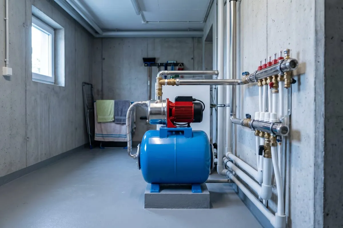 Hauswasserwerk im Keller: eine rote Pumpe sitzt auf einem blauen Druckkessel, verbunden mit Edelstahl- und Kunststoffleitungen an der Wand.