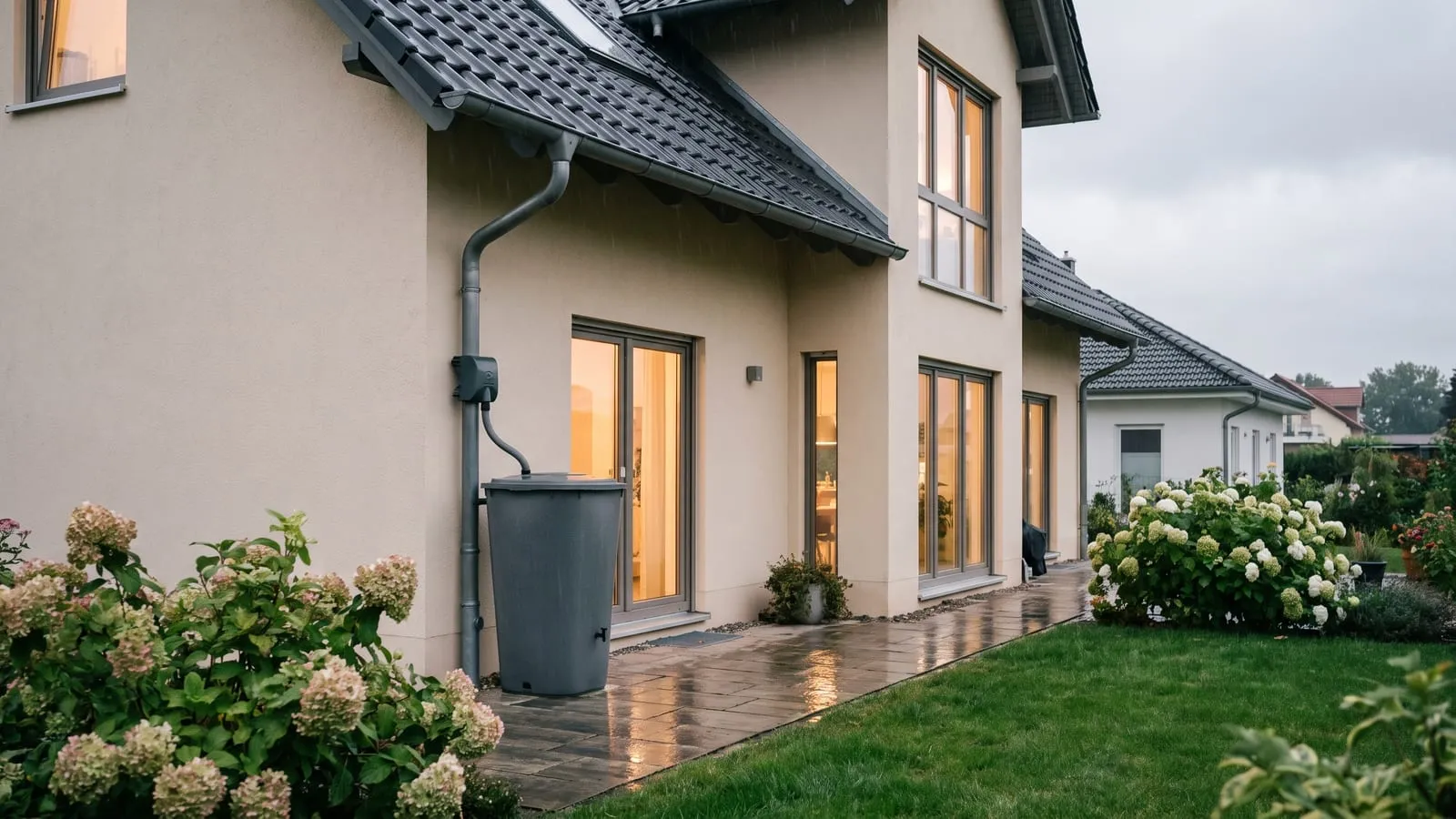 Einfamilienhaus bei leichtem Regen: Fallrohr mit Regensammler füllt eine anthrazitfarbene Regentonne neben der Hauswand