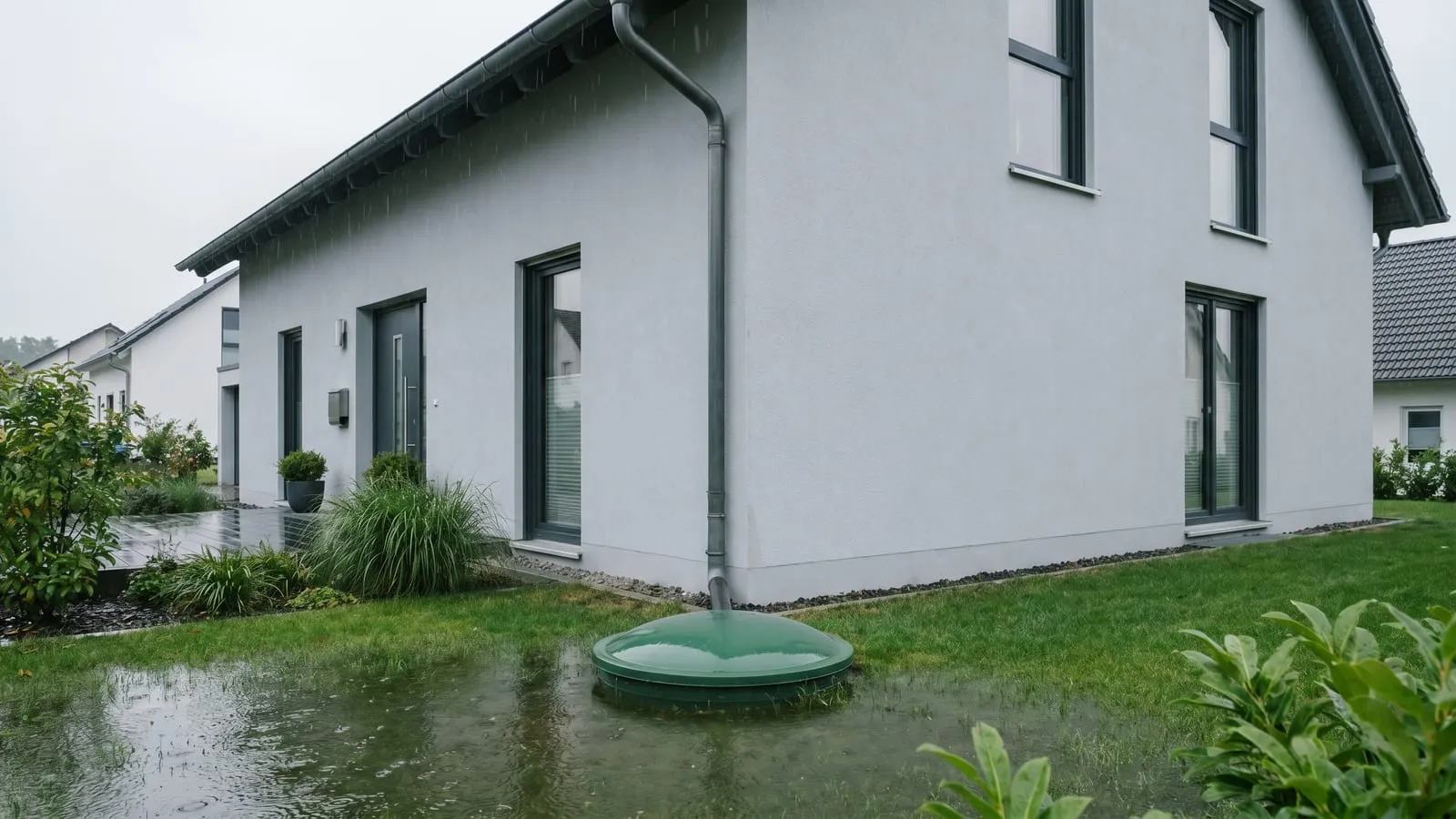 Modernes Einfamilienhaus bei Regen, dessen Fallrohr in einen grünen Zisternen-Domschacht im Garten führt.
