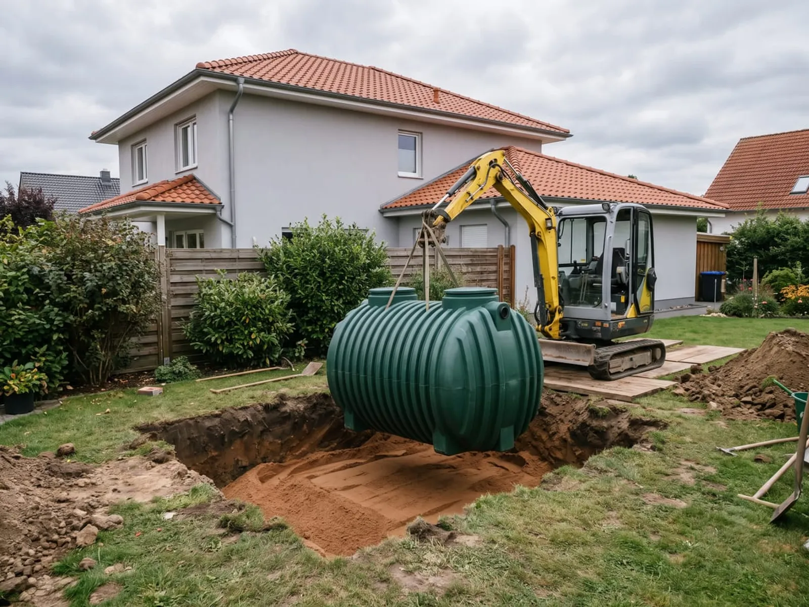 Einbau einer Erdtank-Zisterne im Garten eines Einfamilienhauses: Kunststofftank wird per Bagger in die Baugrube gesetzt