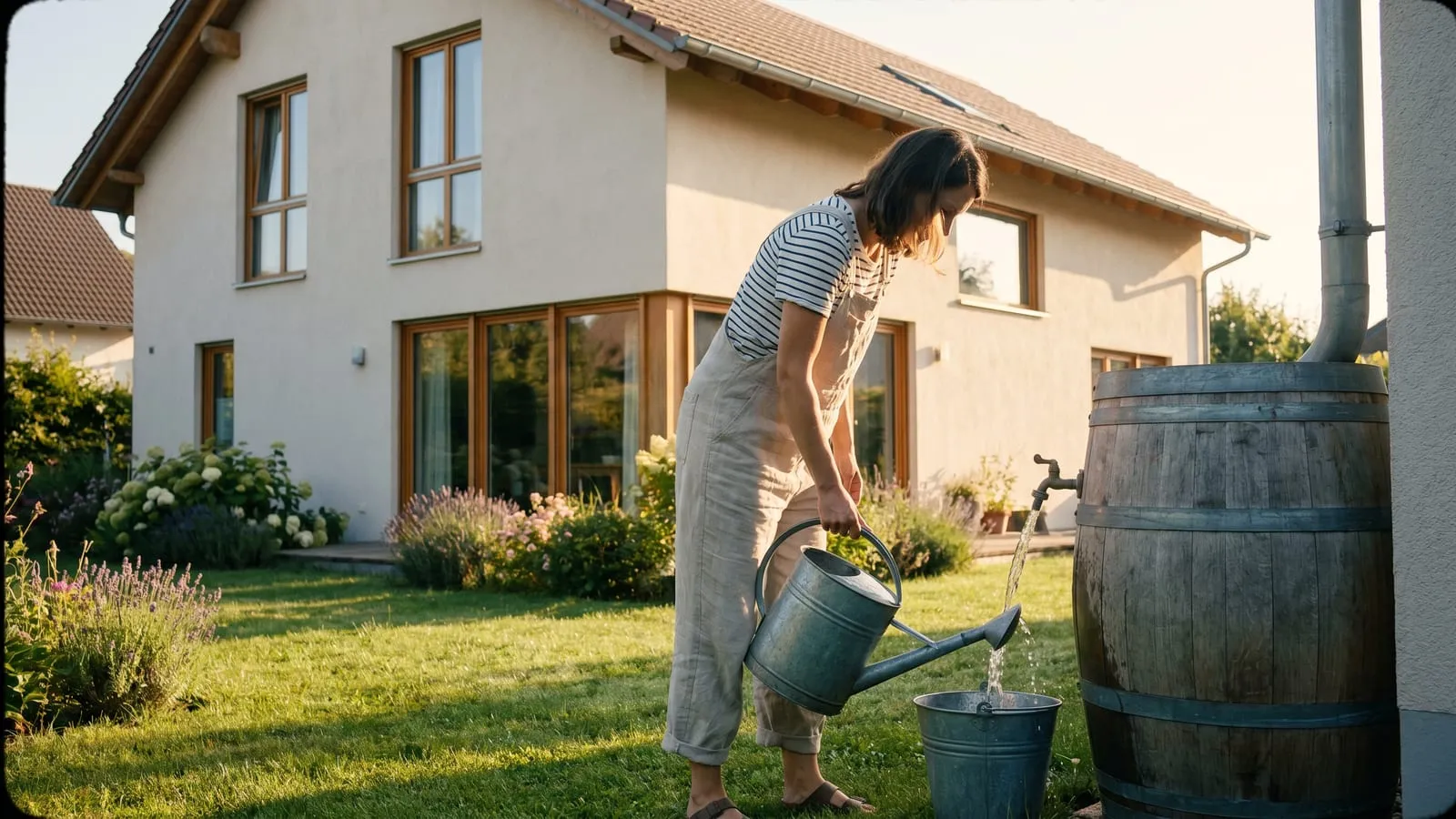 Frau füllt am modernen Einfamilienhaus eine Gießkanne mit Regenwasser aus einer Regentonne mit Zapfhahn im sonnigen Garten.