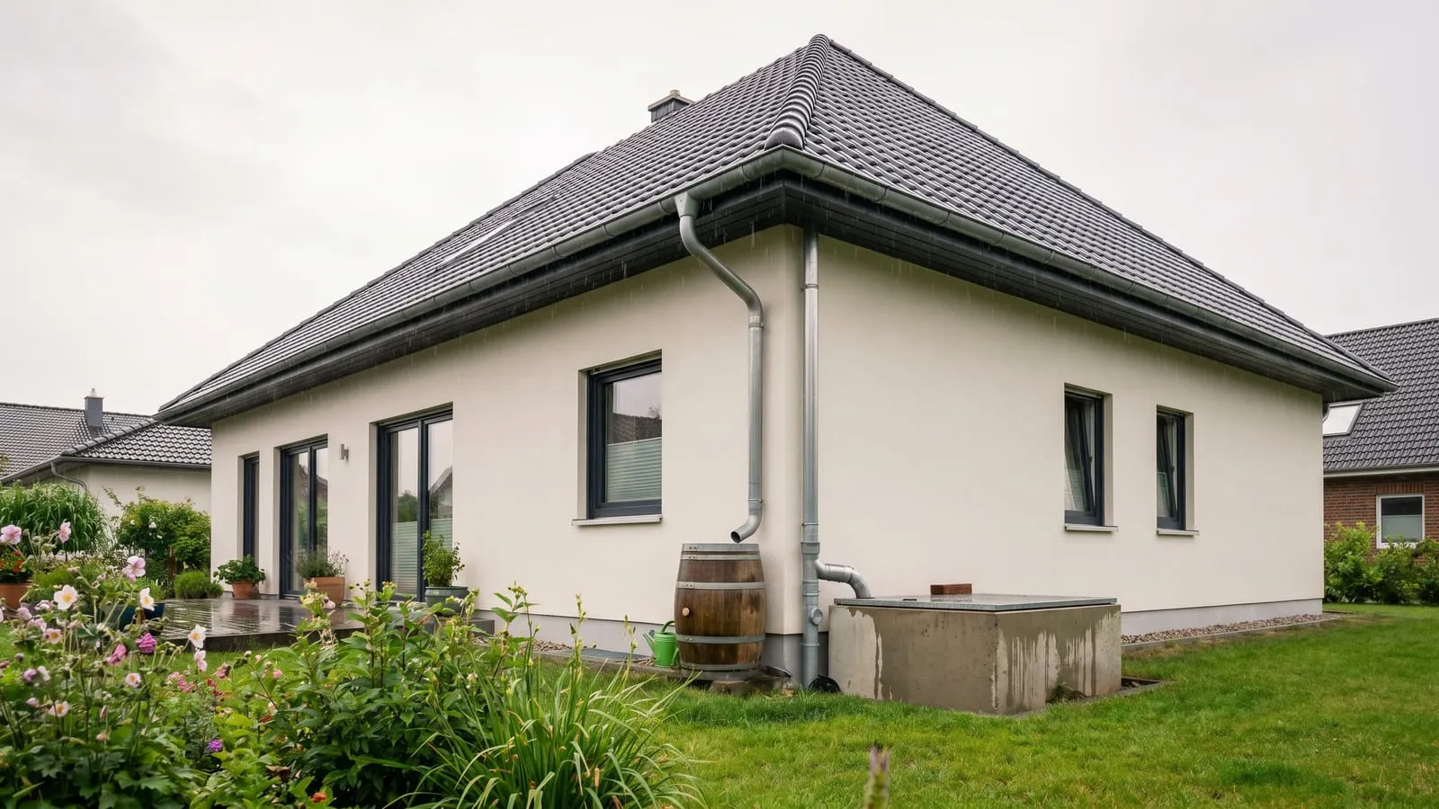 Modernes Einfamilienhaus bei Regen mit Fallrohr, Regentonne und Zisterne im Garten – Regenwassernutzung in der Praxis.