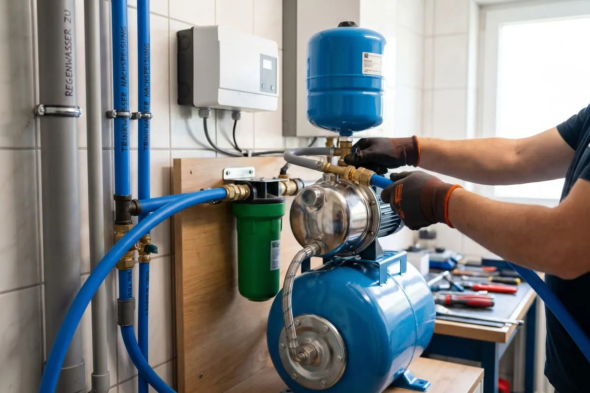 Monteur schließt ein Hauswasserwerk mit Pumpe, Druckbehälter, grünem Filter und Steuerung an die grün gekennzeichneten Regenwasserleitungen an.