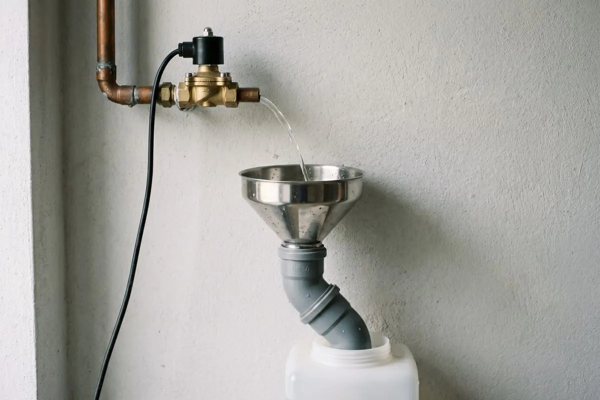 Wirkkette der automatischen Trinkwassernachspeisung an der Technikraum-Wand: Magnetventil an der Trinkwasserleitung, offener Luftspalt, Edelstahl-Trichter und Fallleitung zum Vorratsbehälter.
