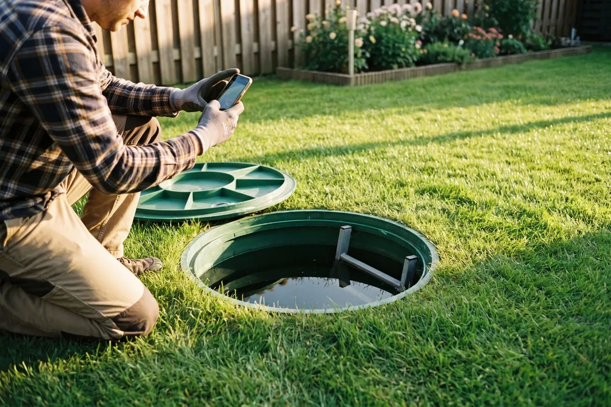 Hausbesitzer fotografiert mit dem Smartphone den geöffneten Deckel seiner Erdzisterne im Garten
