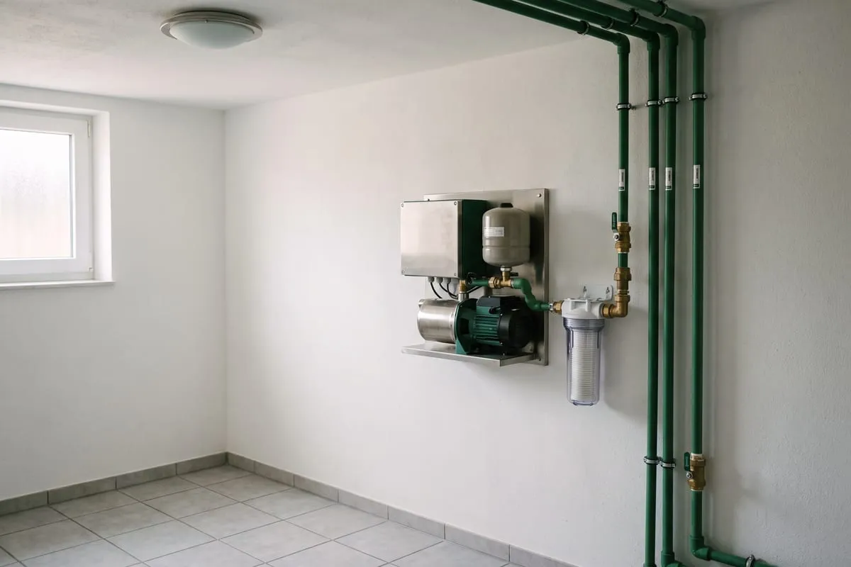 Hauswasserwerk mit Druckkessel und Filtergehäuse an der Wand eines Hauswirtschaftsraums, grün gekennzeichnete Regenwasserleitungen