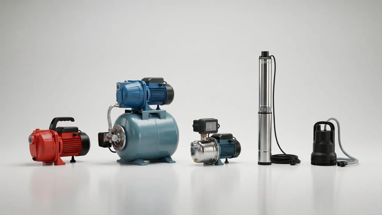 Die fünf Pumpentypen für Regenwasser im Vergleich nebeneinander: Gartenpumpe, Hauswasserwerk mit Druckkessel, Hauswasserautomat, Tauchdruckpumpe und Regenfasspumpe.