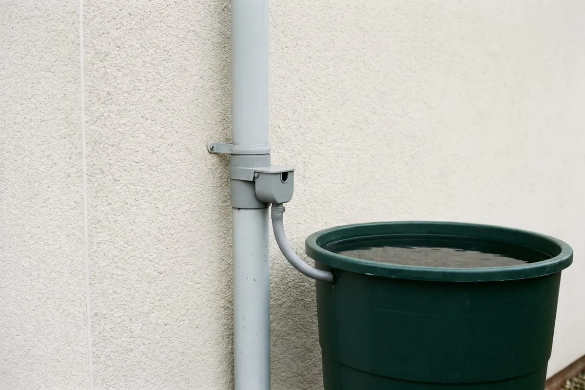 Regensammler im Fallrohr auf Höhe des maximalen Wasserstands einer Regentonne, verbunden über einen kurzen Schlauch – der Überlaufstopp arbeitet nach dem Prinzip der kommunizierenden Röhren.