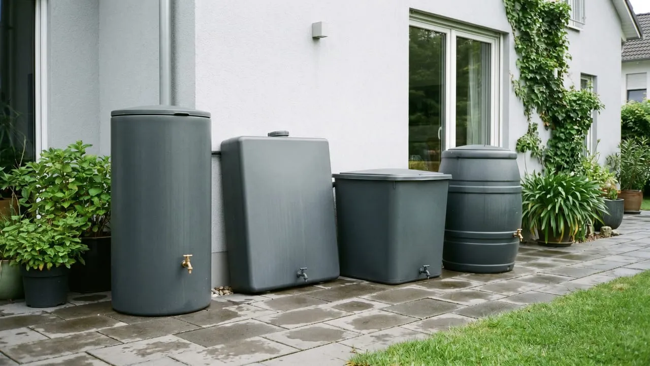 Vier Regentonnen-Bauformen im Vergleich nebeneinander: schmale Säule, flacher Wandtank, eckige Tonne und runde Tonne in einem Garten.