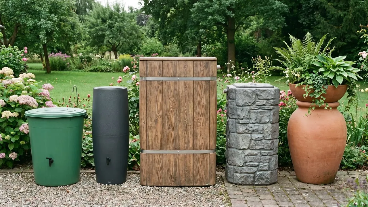 Regentonnen in verschiedenen Optiken nebeneinander: schlicht grün, anthrazit, Holzoptik, Steinoptik und Terracotta-Amphore in einem Garten.