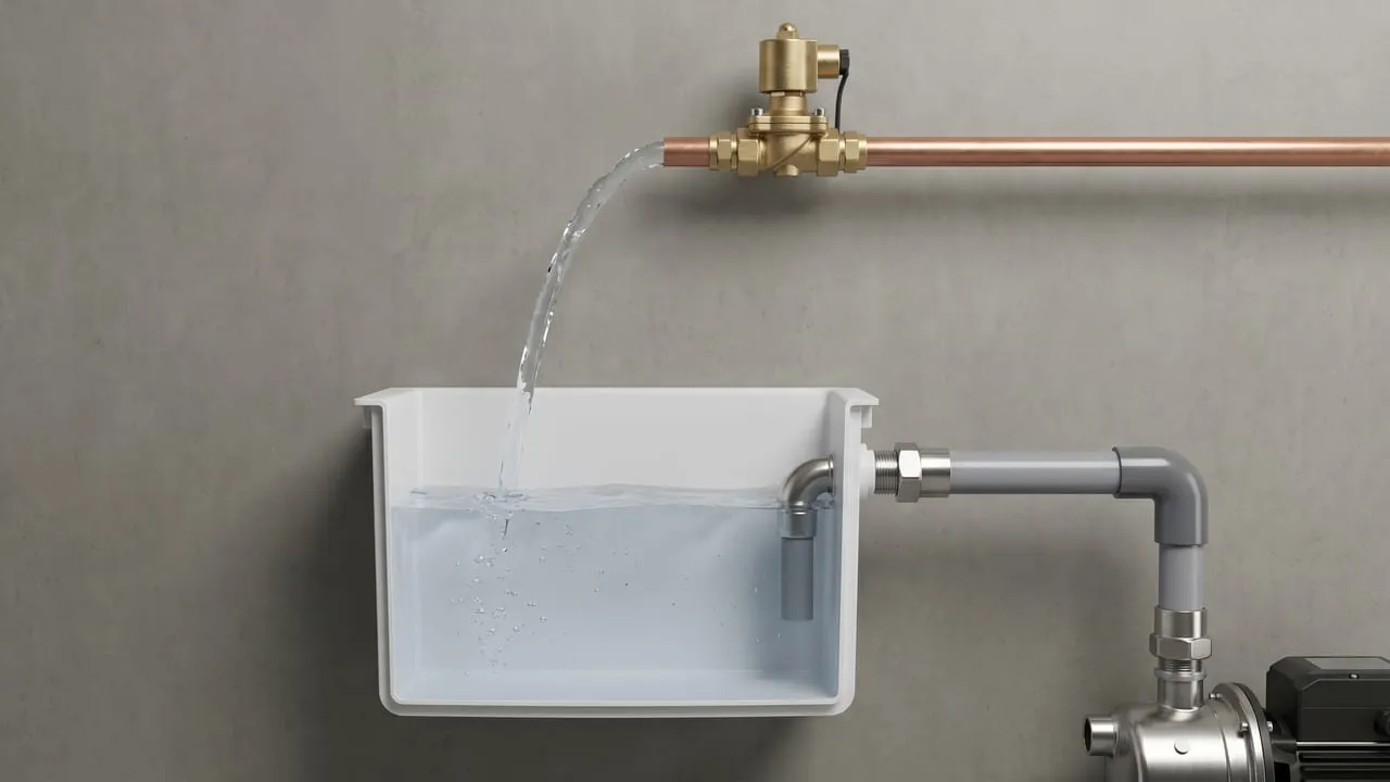 Querschnitt der Trinkwasser-Nachspeisung mit freiem Auslauf nach DIN EN 1717: Trinkwasser fällt durch einen offenen Luftspalt in einen kleinen Behälter, getrennt vom Regenwassersystem.