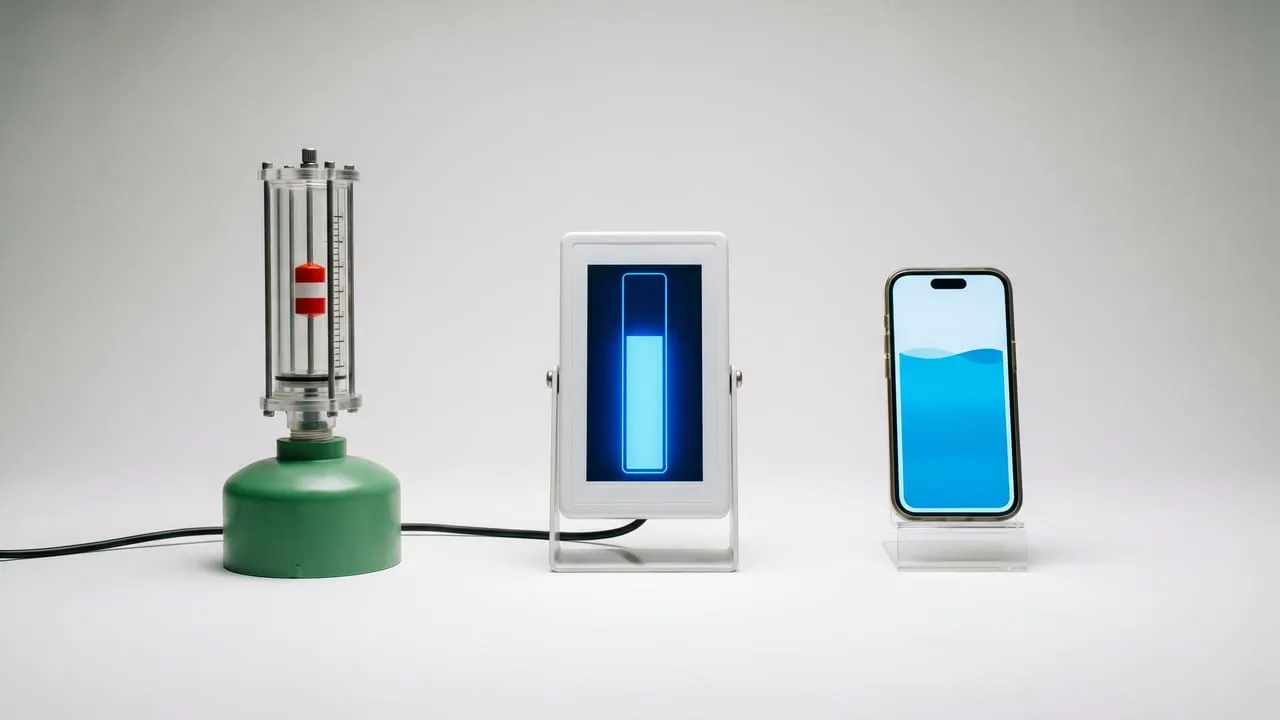 Drei Füllstandsanzeigen im Vergleich: mechanische Schwimmeranzeige am Domschacht, elektronisches Display für den Wohnraum und ein Smartphone mit Füllstand-Grafik.