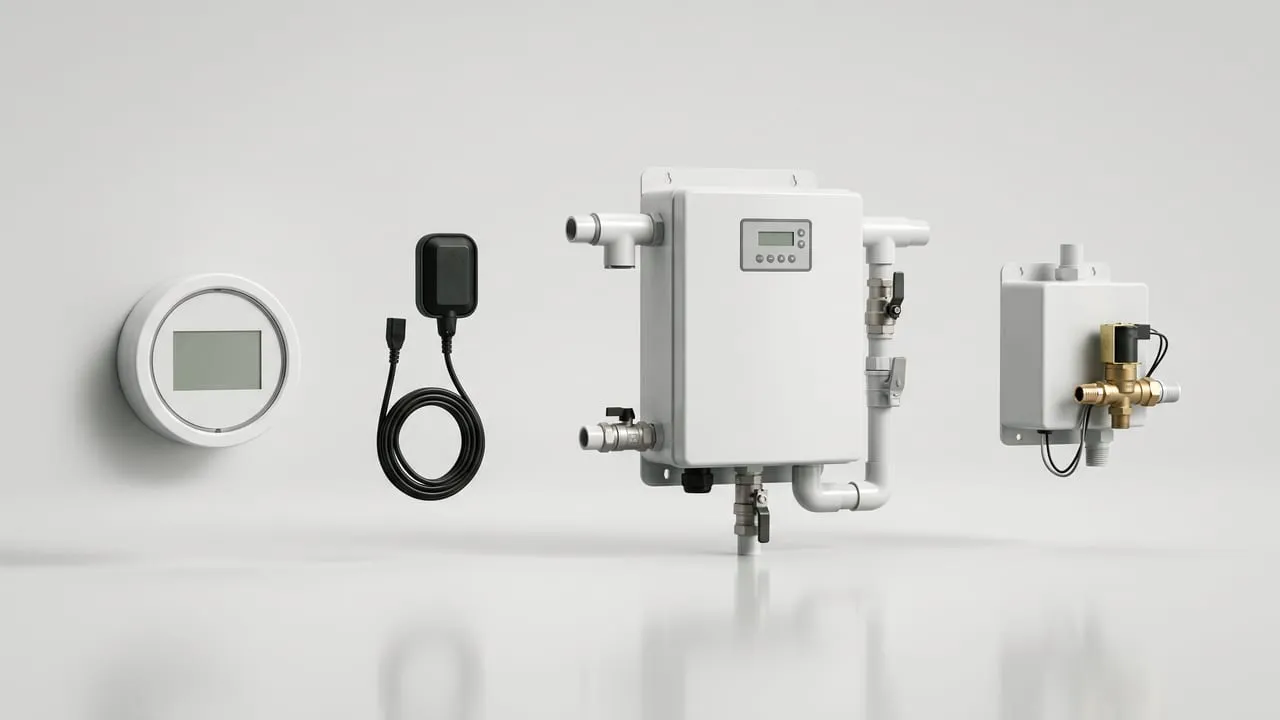 Die vier Steuerungs-Komponenten einer Regenwasseranlage nebeneinander: Füllstandsanzeige mit Display, Schwimmerschalter, wandmontierter Regenwassermanager und Nachspeiseeinheit.