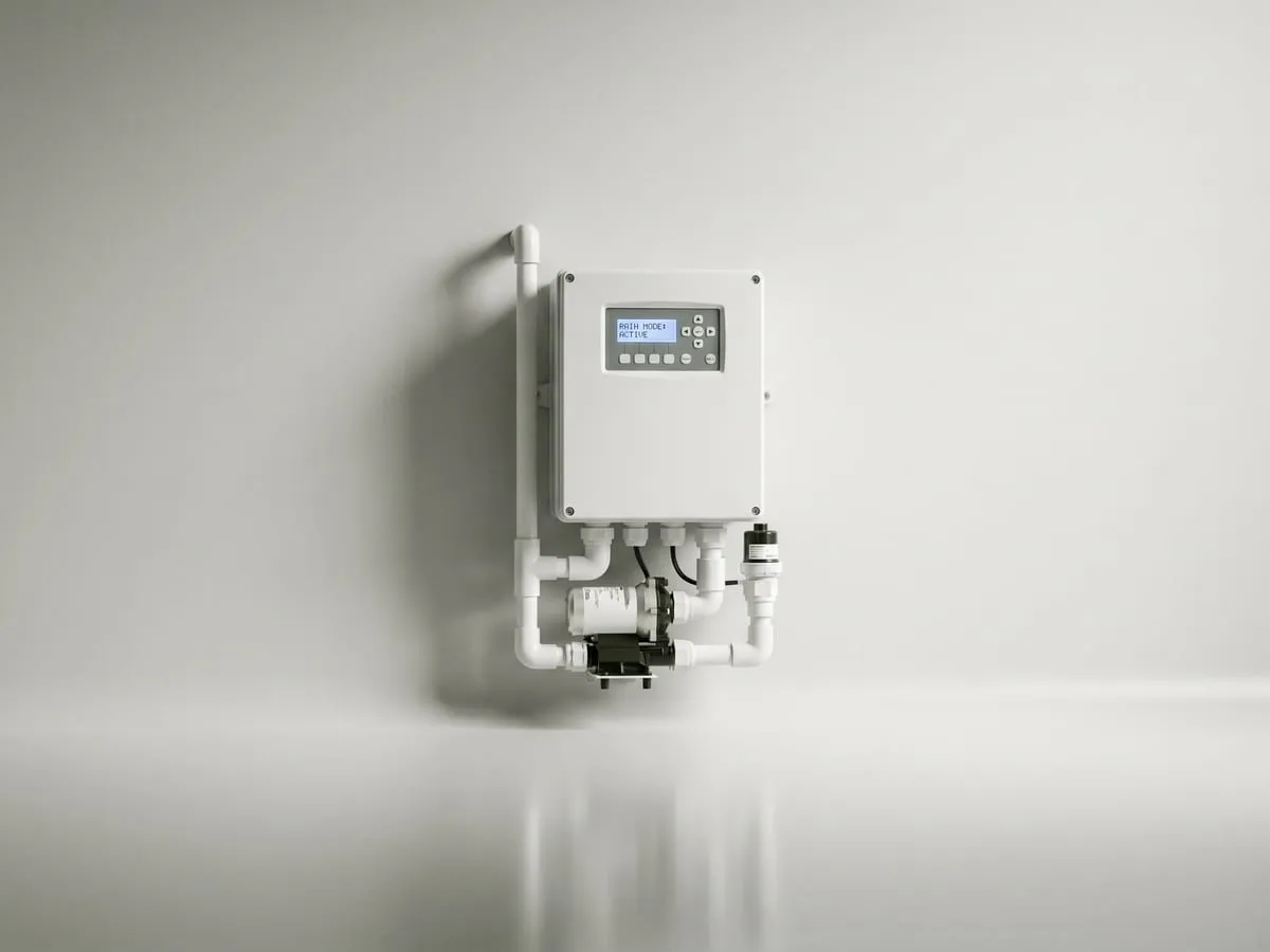 Steuerungseinheit zur Regenwassernutzung mit Display, Pumpe und Trinkwassernachspeisung