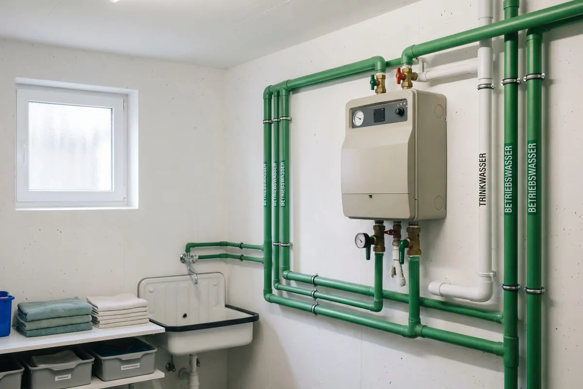 Technikraum mit grün gekennzeichneten Betriebswasser-Leitungen und einer weißen Trinkwasser-Leitung an einem Hauswasserwerk – normgerechte Systemtrennung.