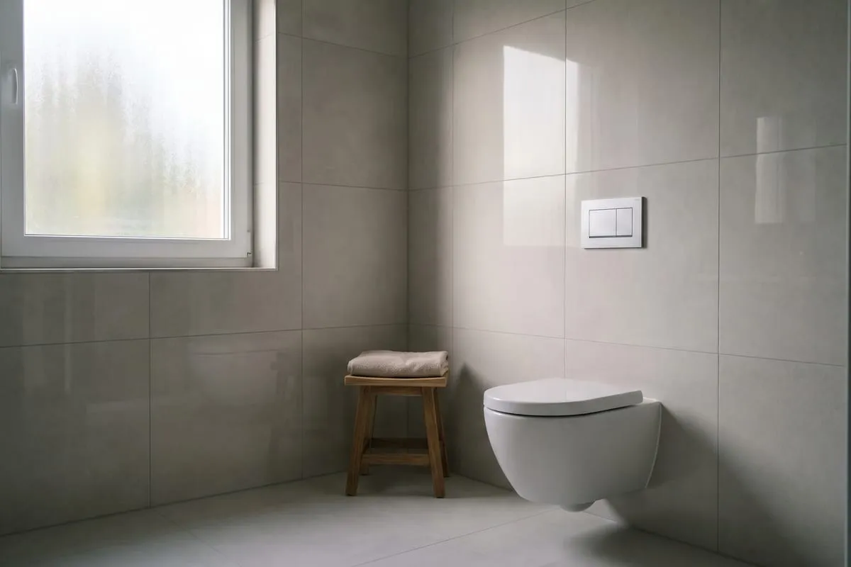 Modernes, helles Badezimmer mit wandhängender Toilette und Zwei-Mengen-Spültaste – Regenwasser eignet sich ideal für die WC-Spülung.