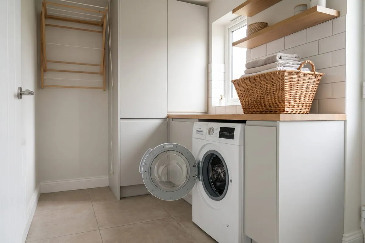 Heller Hauswirtschaftsraum mit moderner Frontlader-Waschmaschine und Wäschekorb – Regenwasser ist ab 60 °C nutzbar.
