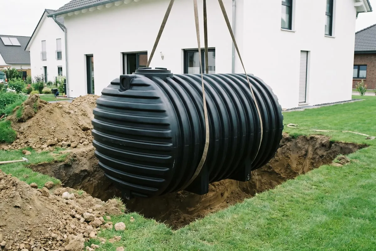 Schwarze Kunststoff-Zisterne wird beim Einbau in eine ausgehobene Grube im Garten eines Einfamilienhauses abgelassen.