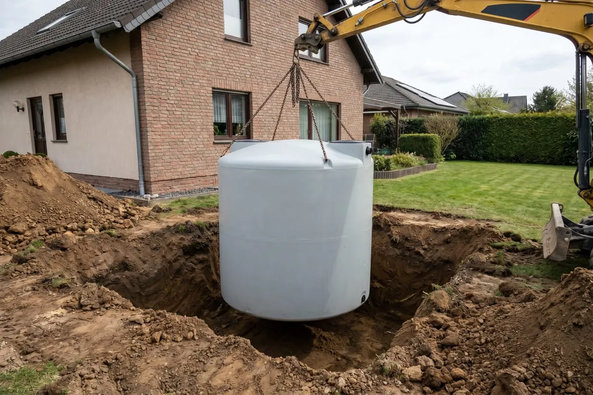 Eine große Polyethylen-Zisterne wird mit einem Bagger an Ketten in eine ausgehobene Erdgrube im Garten eines Einfamilienhauses abgesenkt.