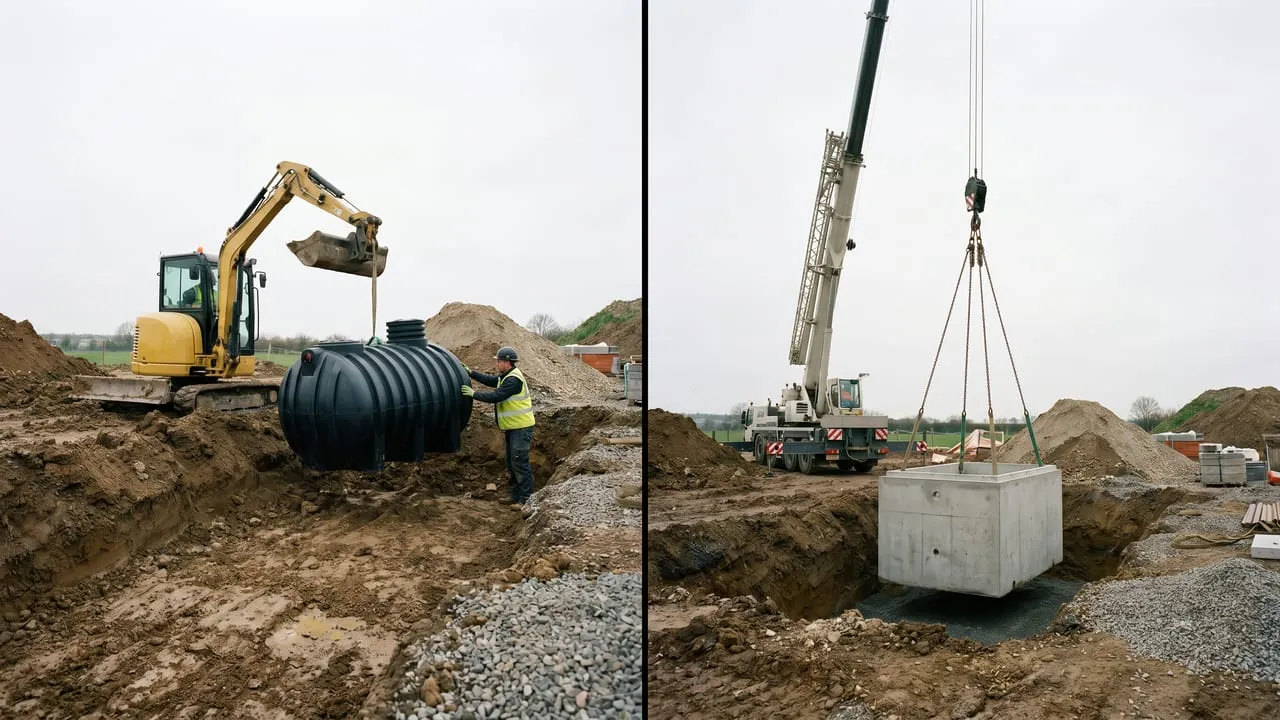 Vergleich des Zisternen-Einbaus: links wird ein leichter schwarzer Kunststofftank mit Minibagger und von Hand in die Grube gesetzt, rechts hebt ein Autokran eine schwere graue Betonzisterne.