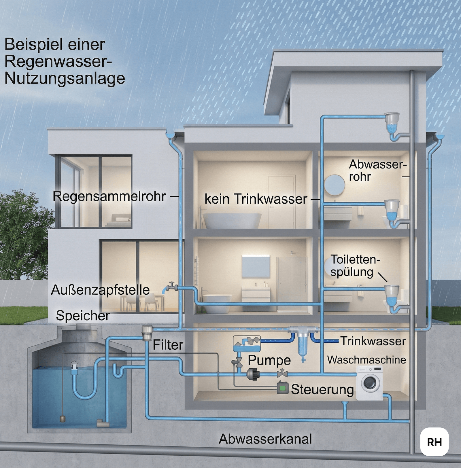 Schematische Darstellung einer Regenwassernutzungsanlage: Dachfläche mit Regenrinne, Fallrohr mit Filter, unterirdische Zisterne, Hauswasserwerk und Verteilung zu Toilette, Waschmaschine und Gartenbewässerung